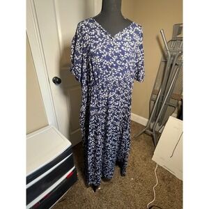 Nemidor Navy Floral Maxi Dress V Neck Short Sleeve‎ Elastic Waist Size 5XL